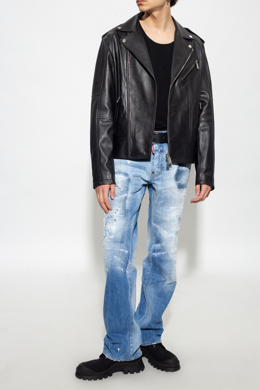 Dsquared2 Leather jacket | embroidered ruffle cotton shirt Blue